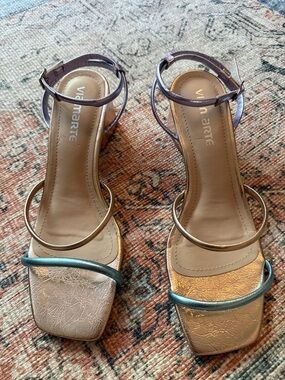 Via Marte Iridescent Strappy Block Heel Sandals - Rose Gold & Lavender Size 9